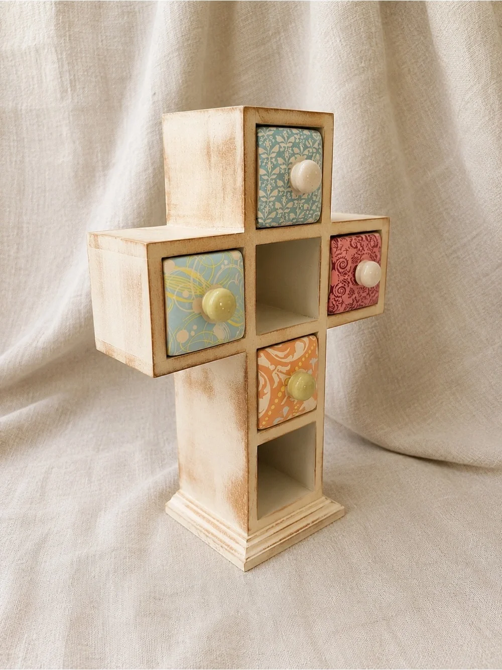 Cross Shaped Tea Bag Organizer • Wood & Ceramic Drawers | Jewelry Organizer